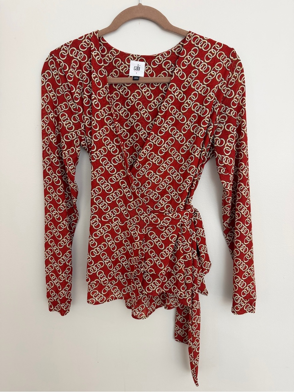 CAbi Red Cream Chain-Print Wrap Blouse